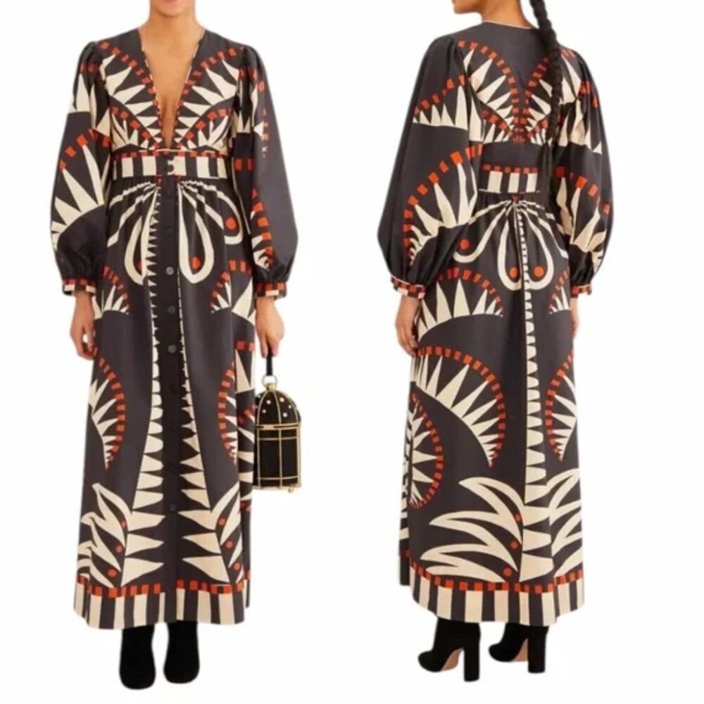 NEW FARM RIO Coconut Grove Puff Sleeve V Neck Maxi Dress XXS $285